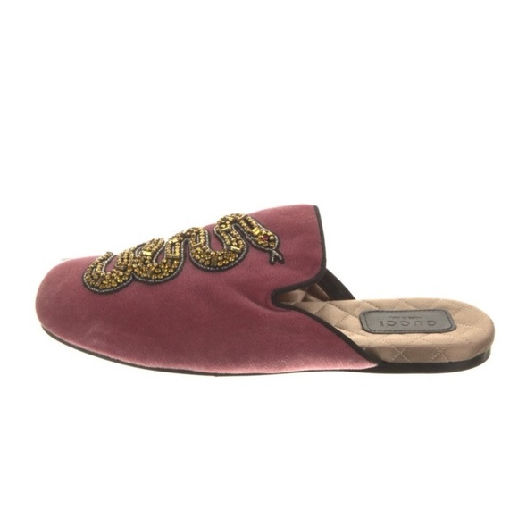 GUCCI Kingsnake Lawrence mules pink yellow size 7 velvet slippers slides snake - Picture 2 of 16